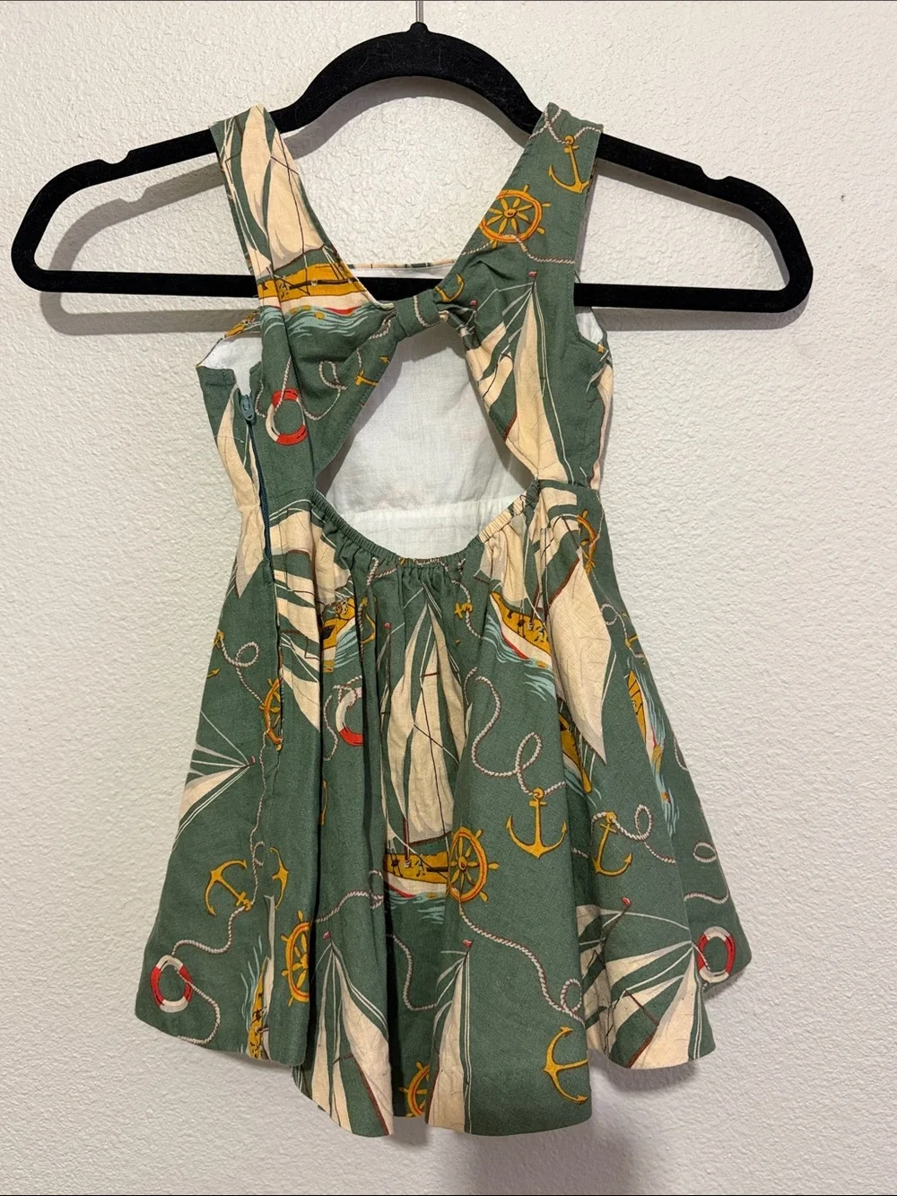 Ralph Lauren Green Nautical Sailboat Girls' Swirl Sundress Open Back Linen Blend
